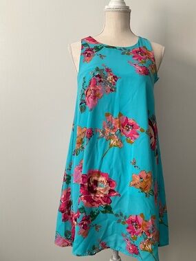The Impeccable Pig Aqua Floral Swing Dress Size Small Lined Sleeveless Boutique